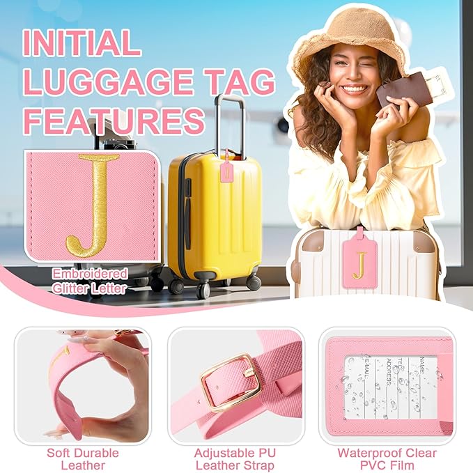 Personalized Initial Luggage Tags for Suitcase, Pink Leather Cute Luggage Tags with Privacy Cover Name Card, Embroidered Custom Monogrammed Luggage Tag Travel Bag Baggage Tags Gifts for Women Kids(J)