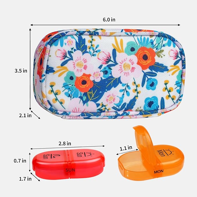 Serfeymi Weekly Travel Pill Organizer 2 Times A Day AM PM Upgraded Rainbow Pill Box 7 Day with Portable Zipper Canvas Pill Case, Medicine Organizer for Pills, Vitamins, Fish Oils - Bloom 01