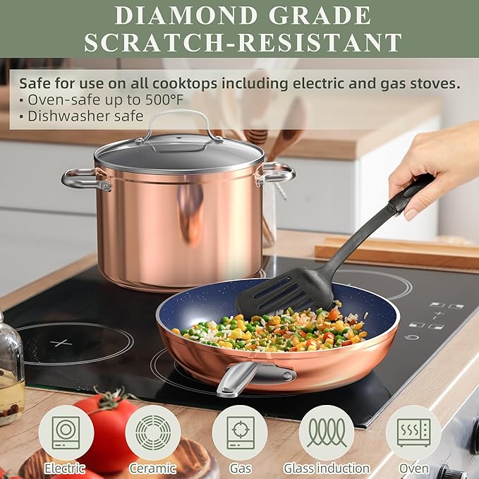 Nuwave 7pc Cookware Set Healthy Duralon Blue Ceramic Nonstick Coated, Diamond Infused Scratch-Resistant, PFAS Free, Oven Safe, Induction Ready & Evenly Heats, Tempered Glass Lids & Stay-Cool Handle