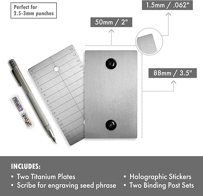 ColdTi - Titanium Bitcoin Seed Plates for Ultra-Secure Ethereum and Crypto Seed Phrase Storage (2 Plates w / 1 Scribe & Anti-Tamper Seals) - Premium Seed Phrase Metal.