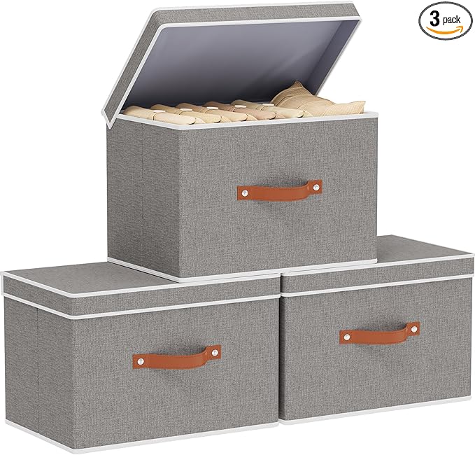 Collapsible Storage Bins with Lids, Linen Foldable Cloth Baskets, 17.7 x 11.8 x 11.8 Inch Closet Organizer Containers with Double Handles, Sweater Boxes for Bedroom, Grey, 3 Pack