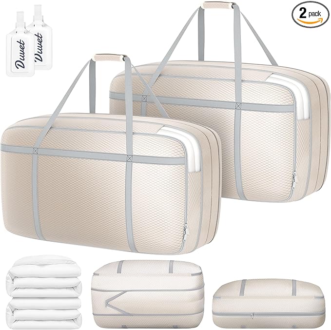 DIMJ Large Comforter Storage Bag with Handls, 100L Washable Blanket Storage, Compression Packing Totes Moving Bags With Zipper, Space Saving Containers For Pillow, Clothes, Bedding, 2 PCS