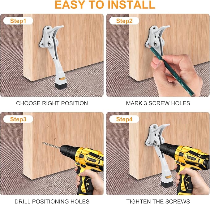 2 Packs Heavy Duty Kickdown Door Stopper, One Touch Adjustable Kickdown Door Stop for Heavy Doors, 4 in Metal Door Kickstand with Rubber Tip & Wall Protectors for Wide Doors- White