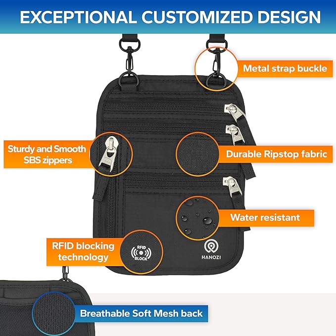 Neck Wallet – Travel Pouch and RFID Blocking Passport Holder for Women and Men, Easy to Conceal Passport Wallet, Slim Travel Wallet to Keep Your Cash, Passport, Cards and Documents Safe (Black)