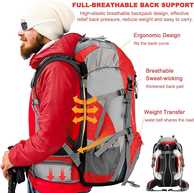 Loowoko 50L Hiking Backpack, Waterproof Camping Essentials Bag with Rain Cover, 45+5 Liter Lightweight Backpacking Back Pack