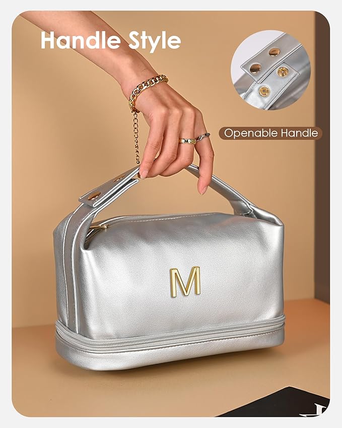 Teen Girl Gifts Trendy Stuff, Makeup Bags for Women with Handle, Initial Double Layer Cosmetic Bag with Makeup Brush Organizer, Cute Cosmetic Pouch for Women, Gifts for Friends Female Mom