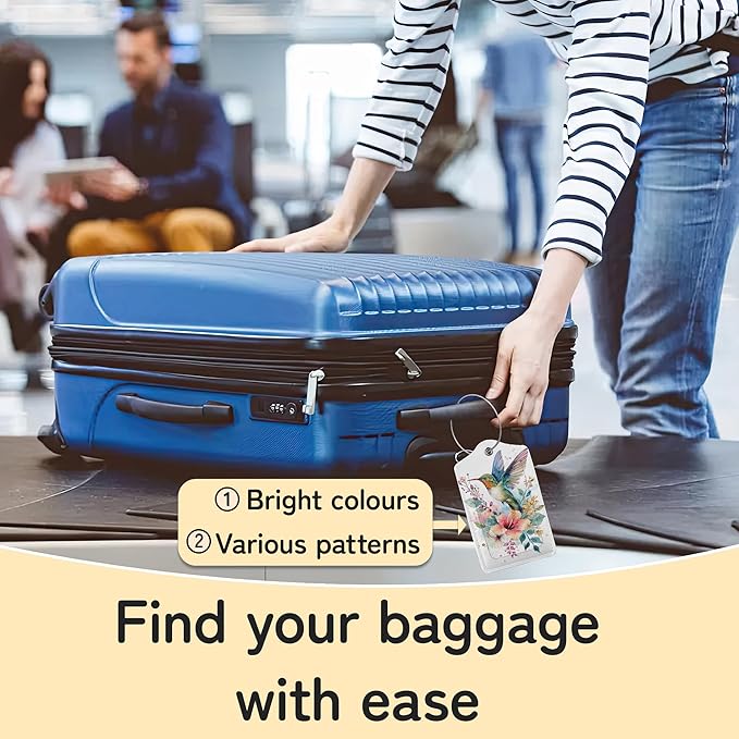 Hummingbird Flowers 3 Pack Luggage Tags for Suitcases, Cute Leather Name Tag with Privacy Cover with Stainless Steel Loops, Travel ID Bag Tags for Women Men