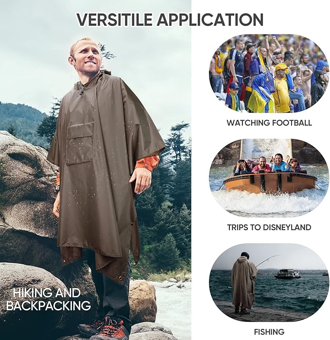 PTEROMY Hooded Rain Poncho for Adult with Pocket, Waterproof Lightweight Unisex Raincoat for Hiking Camping Emergency