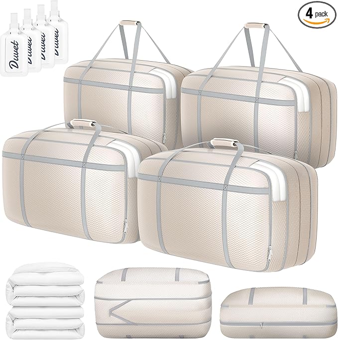 DIMJ Large Compression Comforter Storage Bag with Carry Handls, 100L Washable Blanket Storage Packing Totes, Space Saving Containers For Pillow, Clothes, Bedding, 4 PCS