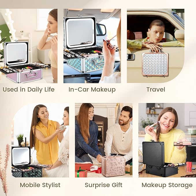 Makeup Train Case with Magnetic LED Mirror Makeup Organizer Box Travel Cosmetic Case with 3 Colors LED Mirror Portable Vanity Make up Suitcase with Lockable Keys Dividers Brush Holder, Silver
