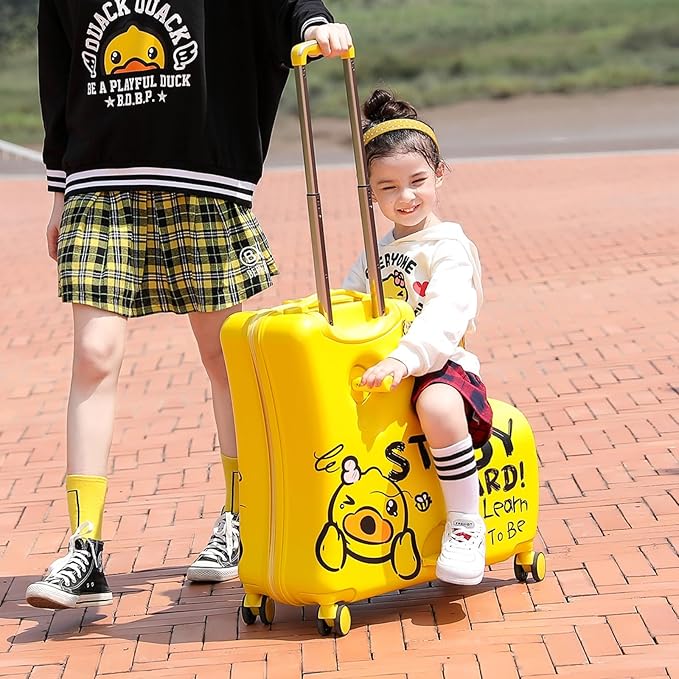 Kids' Lightweight Ride on Luggage with Spinner Wheels & Foldabe Design (Yellow Study, 24"+ Aged 3-12 Toddler)