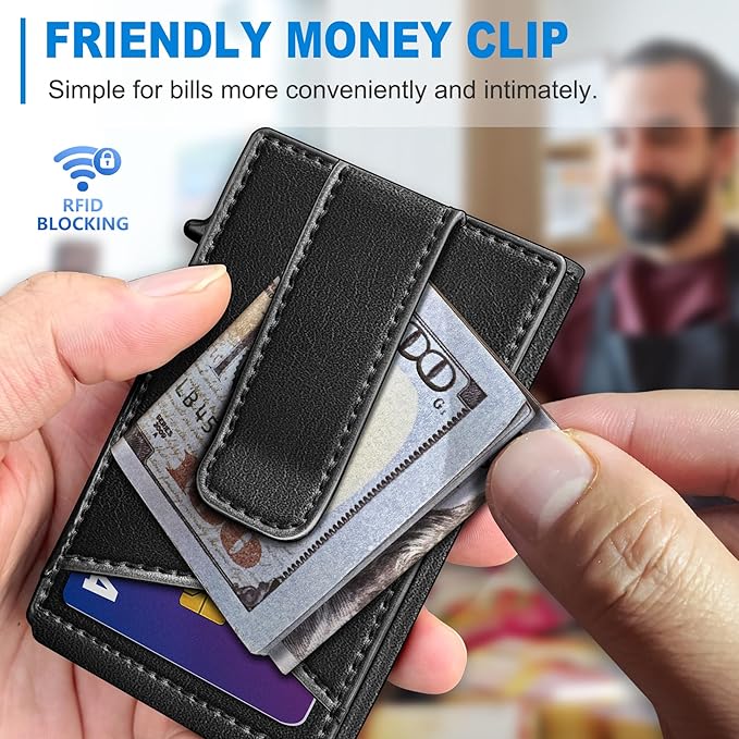 Airtag Wallet for Men,with Money Clip Gift Boxed,Slim Front Pocket Wallet RFID Blocking Metal Case Smart Pop-up Credit Card Holder in Magnetic Leather Flip