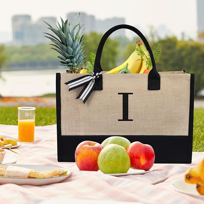TOPDesign Initial Jute/Canvas Tote Bag, Personalized Present Bag, Suitable for Wedding, Birthday, Beach, Holiday, is a Great Gift for Women, Mom, Teachers, Friends, Bridesmaids (Letter I)
