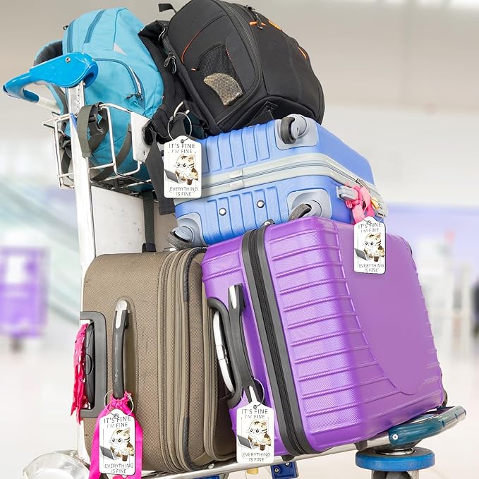 2Pack Luggage Tags for Suitcases, Cute Unique Pu Leather Cruise Luggage Tag with Privacy Cover ID Label Address Card and Metal Ring Suitable for Women Men Kids Girls Travel Bag Tag Angry Cat