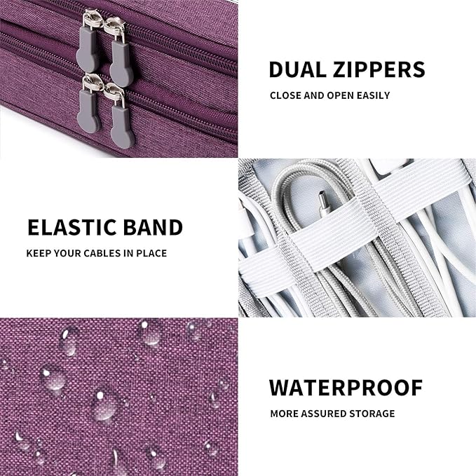 MIRLEWAIY Travel Electronics Organizer Soft Case Small Electronic Accessories Carrying Bag Double-Layer for Cords Phone Chargers Cables Earbuds Adapter Mouse, Purple