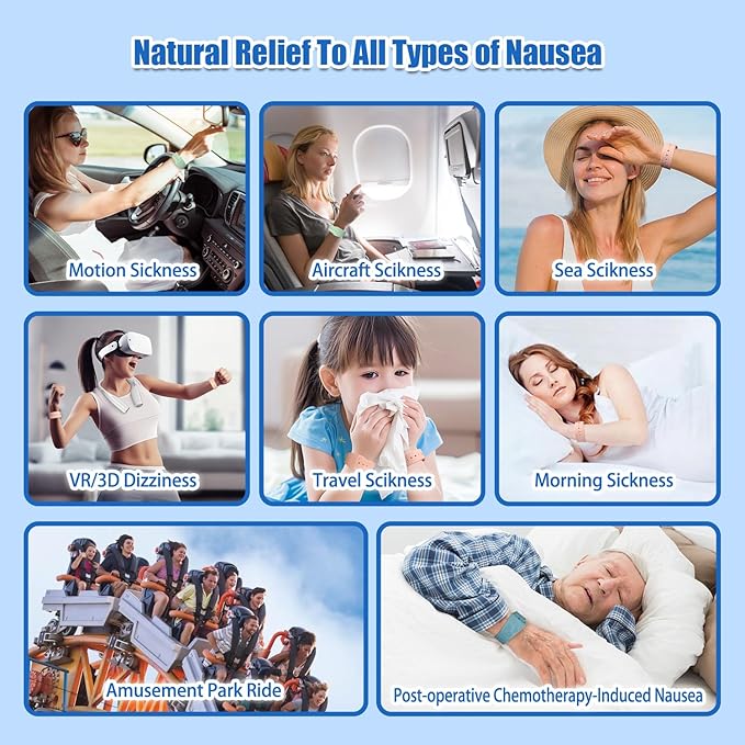 Hion Motion Sickness Bracelets Sea Sickness Wristbands for Motion Sickness/Morning Sickness/Pregnancy Nausea Anti Nausea Wristband Acupressure Nausea Bands Motion Sickness Bands(2Pairs-Black+Bule)