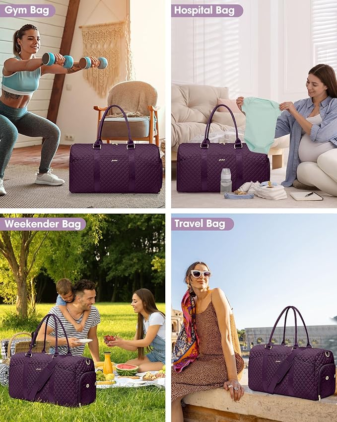Weekender Travel Duffle Bag for Women - Carry on Bag with Shoe Compartment Overnight Bags with Toiletry Bag Wet Pocket Weekend Traveling Yoga Gym Hospital Bags for Labor and Delivery Purple