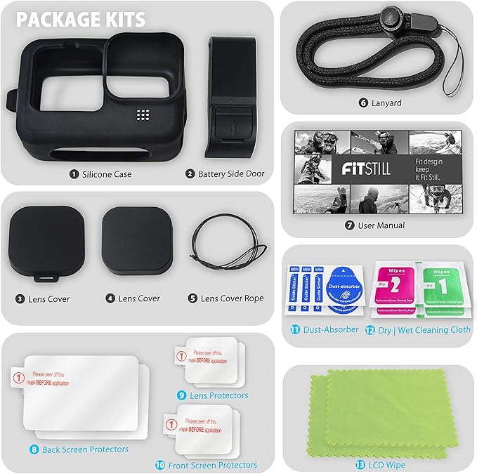 FitStill Carrying Protective Case Include 60M/196FT Underwater Waterproof Shell&Dive Filters&Silicone Case&Screen Protector&Monopod Floating Hand Grip Dive Go Pro Hero 12/11/10/9 Black Accessory Kit