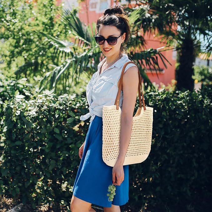 Peicees Crochet Beach Bag For Women Summer Tote Bag Boho Shoulder Bag With Leak-Proof Lining for Vacation Travel Woven Purse