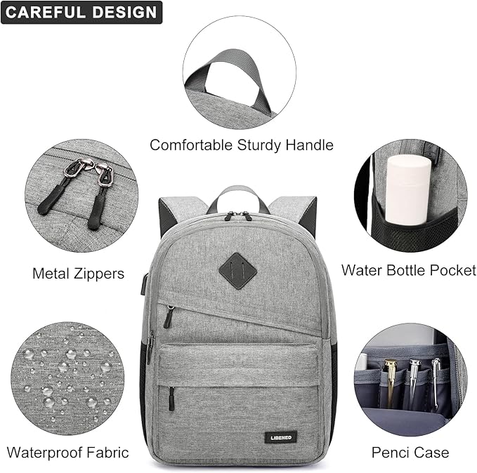 School Backpack for Teen Boys and Girls, with 17.3 inch Laptop Sleeve, Large Computer Bag Mochila with 2 Compartments, Ergonomic Straps, Grey