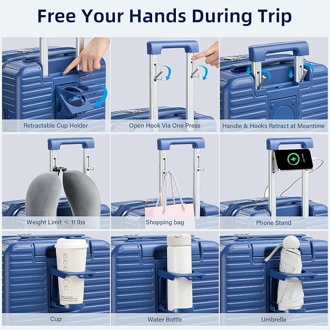 Hard Shell Suitcases Travel Expandable Luggage, 24 Inch Check in Luggage with Spinner Wheels Cup Holder Charger Built in, Checked Medium Suitcase Lightweight Suitcases, Interstellar Blue