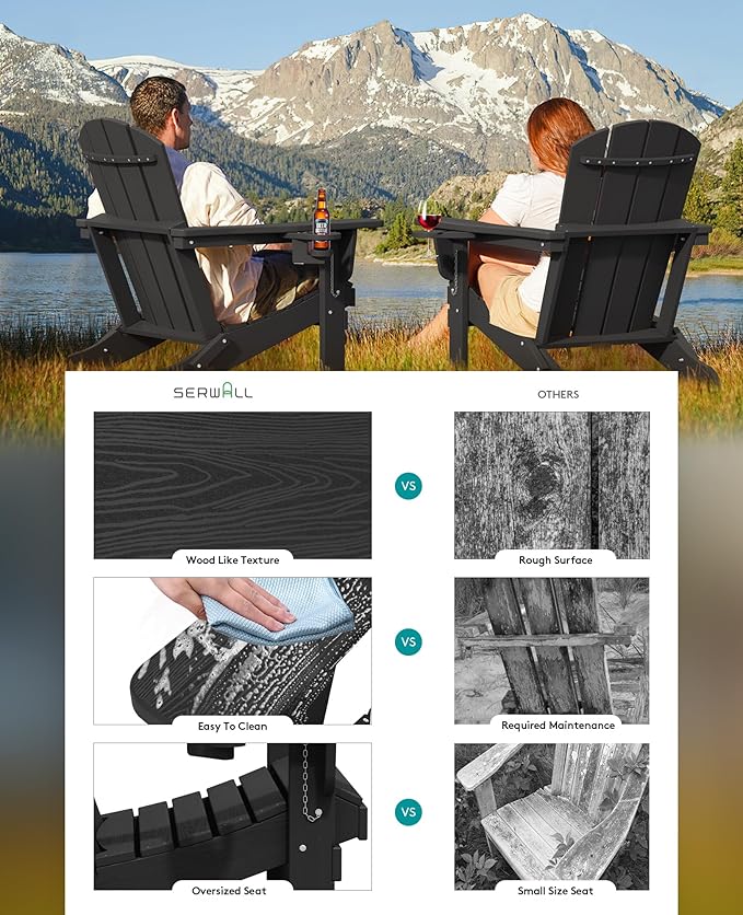 SERWALL HDPE Folding Adirondack Chair with Dual Cup Holder - Composite Adirondack Chair Set of 4- Black