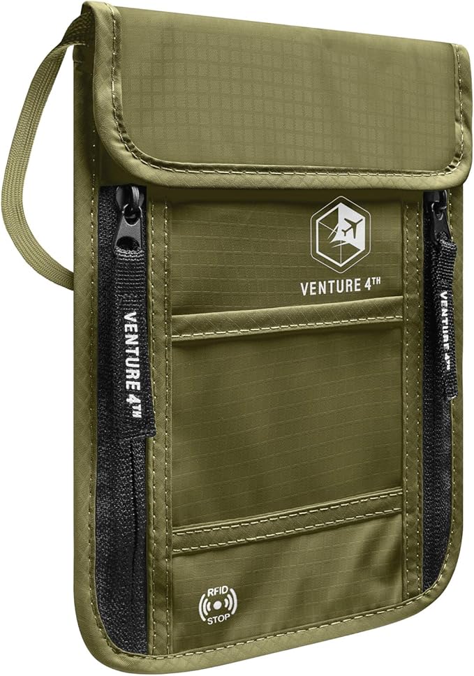 VENTURE 4TH Passport Holder Neck Wallet with RFID Blocking Nylon Lining - Hidden Neck Pouch for Travel (Green)