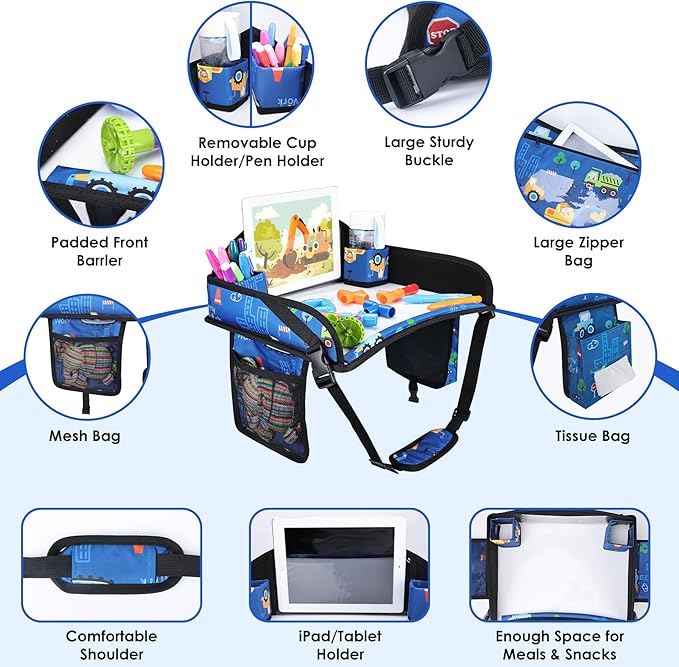 Kids Travel Tray for Airplane - Toddler Car Seat Table Tray, Road Trip Essentials for Boys & Girls, Carseat Lap Desk for Kids Road Trip Activities (Dark Blue Car)