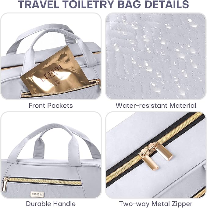 Hanging Toiletry Bag for Women Travel, 2 Sizes Large & Small Waterproof Cosmetic Organizer with 4 Compartments, Rotating Hook, Foldable Pink Travel Bag for Toiletries & Makeup - Medium Grey