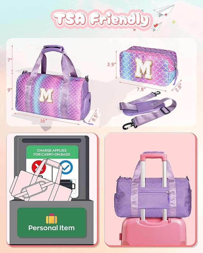 Birthday Gifts for 4 5 6 7 8 9 10 11 12 13 Year Old Girls-Girl Gym Bag with Shoe Compartment, Kid Weekender Dance Bags,Travel Tote with Makeup Pouch, Preppy Things for Kids (Letter E)