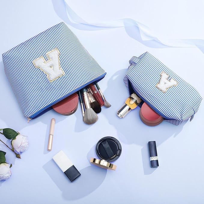 YOOLIFE Cute What Makes Up Bag - Blue Cotton Travel Essentials Cosmetic Beauty Graduation Engagement Personalized Thank You Gift For Women, Friend, Sister