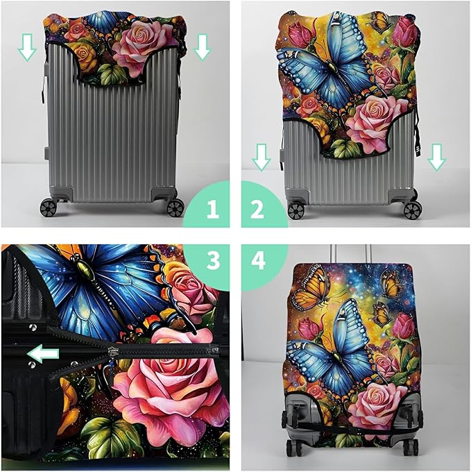 Luggage Cover + Tag, Colorful Rose Butterfly Travel Suitcase Cover for 18-20 inch Luggage (S) with Concealed Zipper, Washable Elastic Cloth, Dustproof, Anti-Scratch