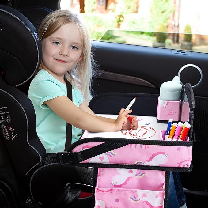 Kids Travel Tray, Car Seat Tray for kids Travel, Toddler Road Trip Essentials With Drawing Kit, Toddler Lap Desk Organizer for Car, Carseat Table for Airplane