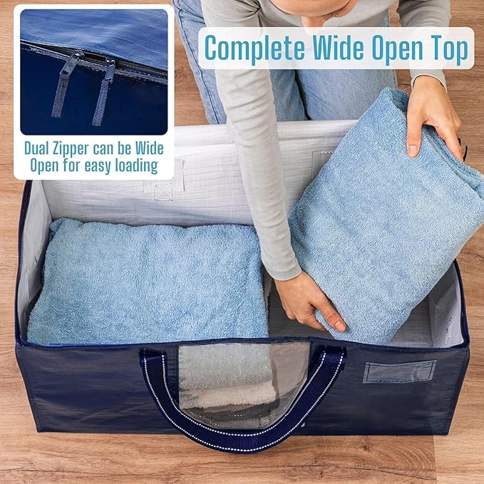 VENO 4 Pack Moving Bags, Comforter and Blanket Storage Bags for Closet, Moving Boxes, Boxes with Lids Alternative, College Dorm Packing Supplies, Foldable Heavy-Duty Tote with Window (Blue, 4 Pack)