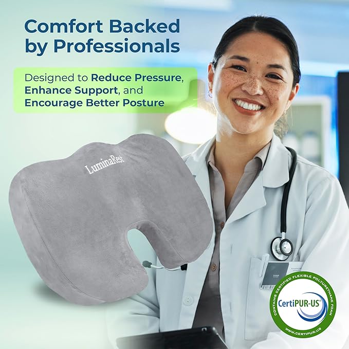 LuminaRest® Gel Seat Cushion for Long Sitting – CertiPUR-US® Certified Memory Foam – Premium Gel Tailbone Pain Relief Cushion, Adaptable for Office, Car, Airplane & Wheelchair – (Gray)
