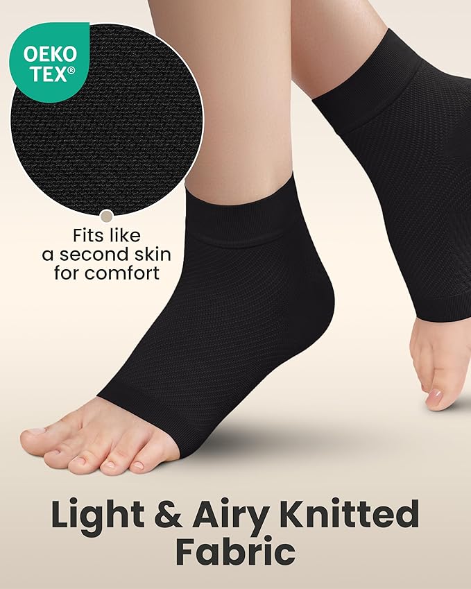 KEMFORD Ankle Compression Sleeve - 2-Pack, Plantar Fasciitis Braces - Open Toe Compression Socks for Swelling, Sprain, Neuropathy, Foot Arch Support for Men and Women - 20-30mmhg, M, Black