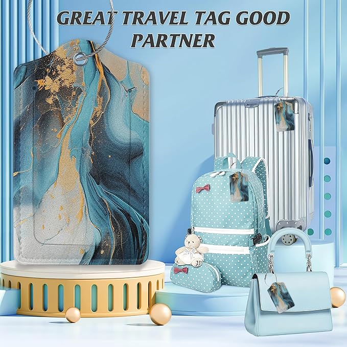 3 Pack Luggage Tag for Suitcase,Marble Gold Blue Leather Luggage Tags with Privacy Cover Name ID Label Identifiers Travel Bag Tags for Women Men Boys Girls
