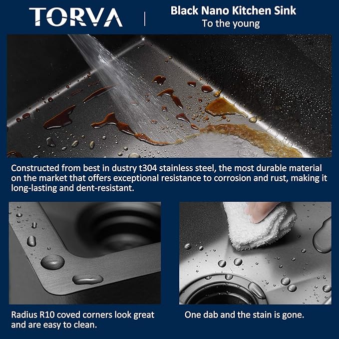 TORVA 17-Inch Gloss Black Ceramic Coating with NanoTek Undermount Kitchen Sink, PVD Coated Gunmetal Sink,16 Gauge Stainless Steel Single Bowl - 17 x 19 x 9 Inch Deep Bar/Prep Basin, Dark Gray