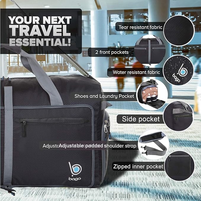 Bago Large Foldable Duffel Bags for Traveling Women & Men - 100L Packable Duffle Bag for Travel with Shoe Compartment - Water Repellant, Heavy Duty, Lightweight Folding & Collapsible (Black)
