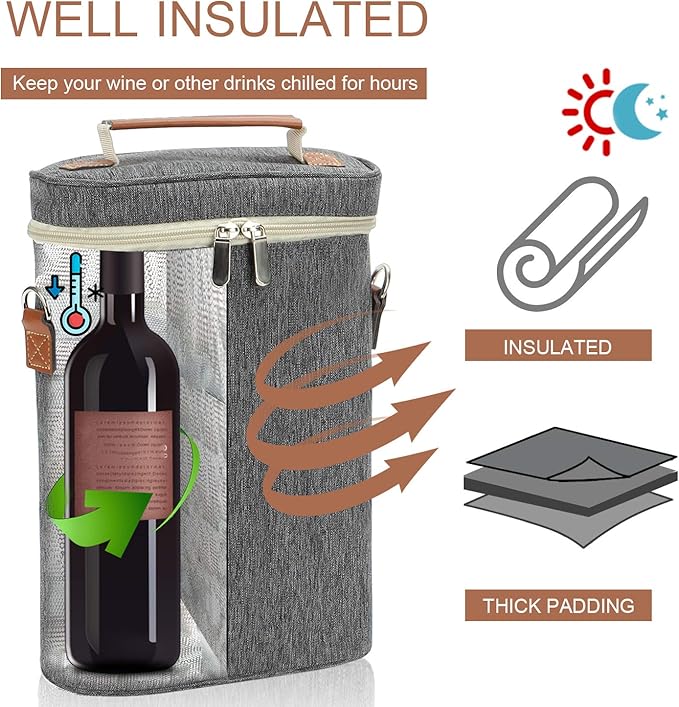 ZORMY 2 Bottle Insulated Wine Tote Bag, Wine Carrier Travel Padded Cooler Bag with Shoulder Strap & Corkscrew Opener, Perfect Wine Lover's Gift, Great for Picnics Grey