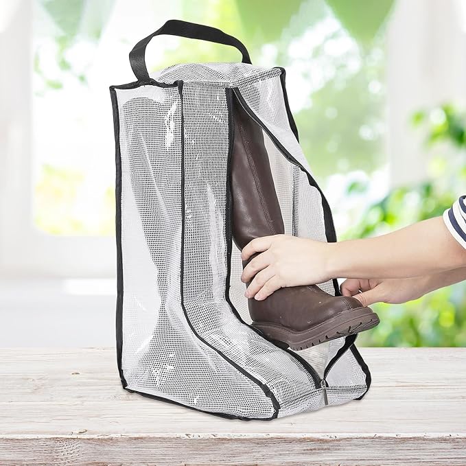Boot Storage Bags [2PCS] - Plastic Tall Boot Carry Bags Clear Shoe Bags with Handle for Travel & Daily Use - [White, Black] Waterproof & DustProof Boot Bags for Cowboy Boots