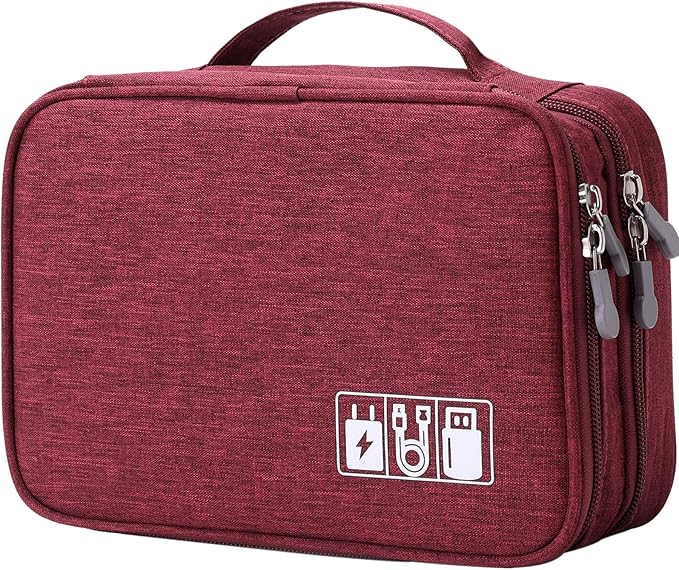 MIRLEWAIY Electronics Cable Organizer, Travel Electronic Accessories Storage Bag Double-Layer for Power Bank, USB, Fresh Drives, Chargers, Cables, Earphone, Red