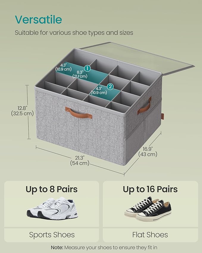 SONGMICS Shoe Organizers for Closet, Pack 2 Shoe Storage Bins, Fits 32 Pairs, Fabric Containers with Handles and Clear Cover, Adjustable Dividers, Customizable, Dove Gray ULSP556G01