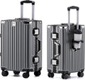 HotWay 24 Inch Aluminum Frame Luggage with Spinner Wheels, PC Hard Shell Suitcase with Cup Holder, Zipperless Luggage for Business Travel, Gray
