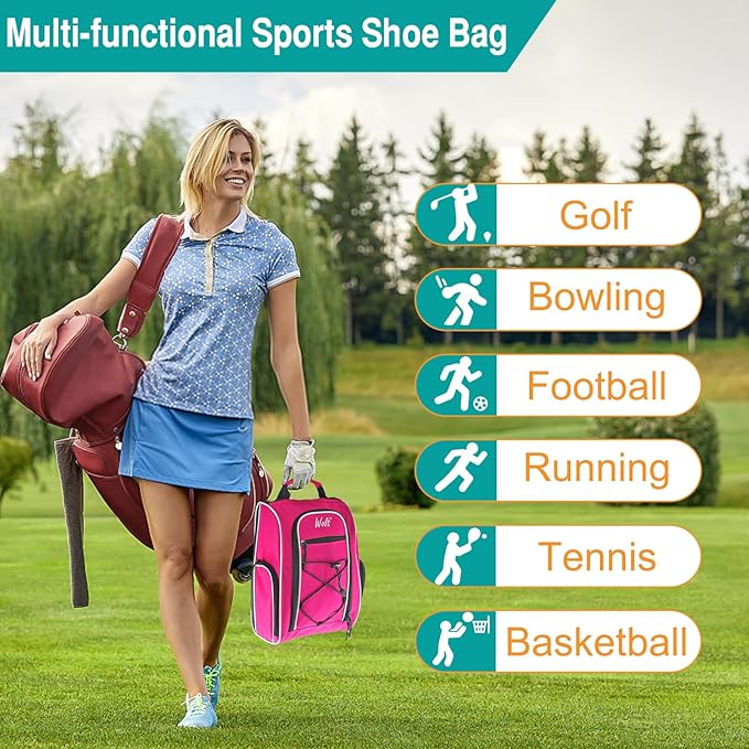 Wolt 2 Pcs Golf Shoe Bag for Travel- Zippered Shoes Carrier Bags with Ventilation & Double Outside Accessory Pocket for Socks, Tees, Golf Balls, etc. for women and men (Grey+Pink)