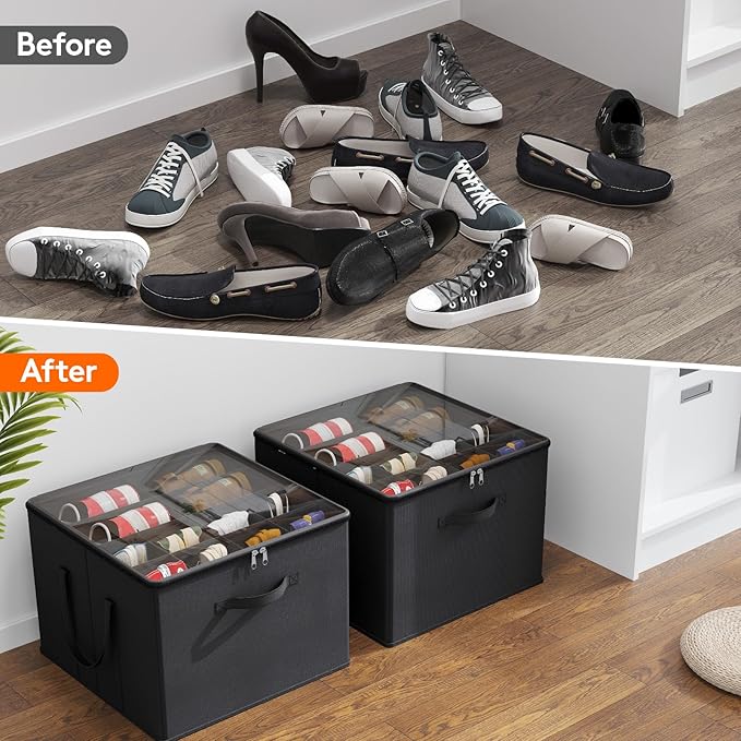 Lifewit Shoe Storage Organizer for Closet, Fits 12-16 Pairs, Large Shoe Box Storage Containers with Clear Cover and Reinforced Handles, Foldable Storage Bins Fit for Boots Heels Sneakers, 1 Pack Black