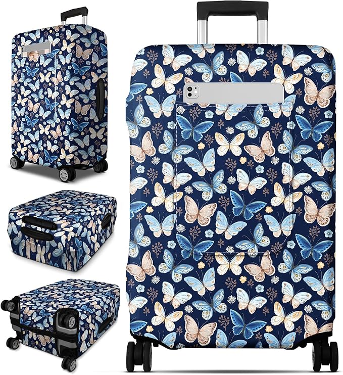 Slohif Luggage Cover for Suitcase Tsa Approved Protector - Luggage Sleeve Large Suit Case Cover Travel Stretch Baggage Case Protective Washable Fit 21-23 Inch Blue Butterfly S