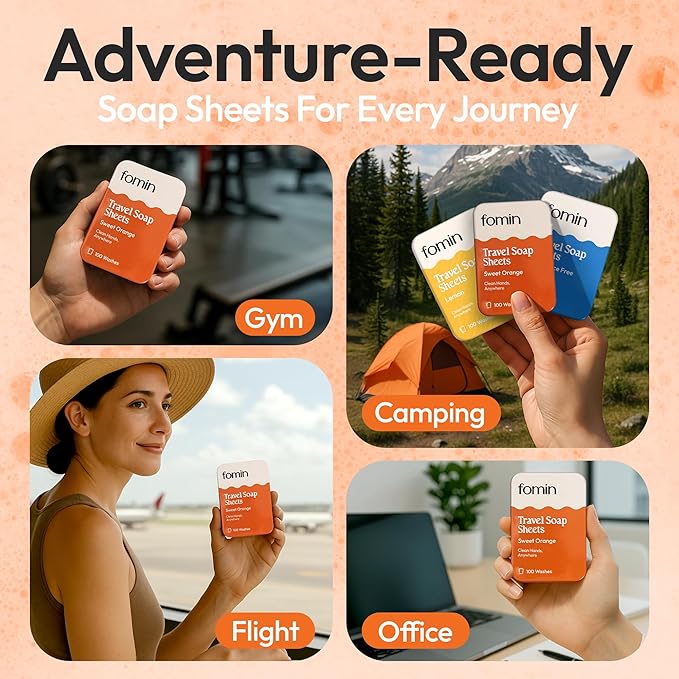 FOMIN - Antibacterial Paper Soap Sheets Tin for Traveling - (100 Sheets) Orange Portable Travel Hand Soap Sheet, Dissolvable Mini Camping Hand Soap for Hand Washing