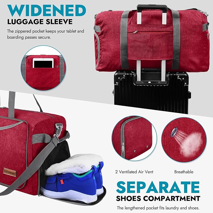 Canway 65L Travel Duffel Bag, Foldable Weekender Bag with Shoes Compartment for Men Women Water-proof & Tear Resistant