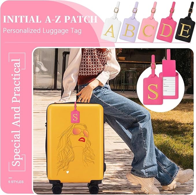 Personalized Initial Luggage Tags for Suitcase, Rose Red Leather Cute Luggage Tags with Privacy Cover Name Card, Embroidered Custom Monogram Luggage Tags Travel Backpack Tag Gifts for Women Kids(S)